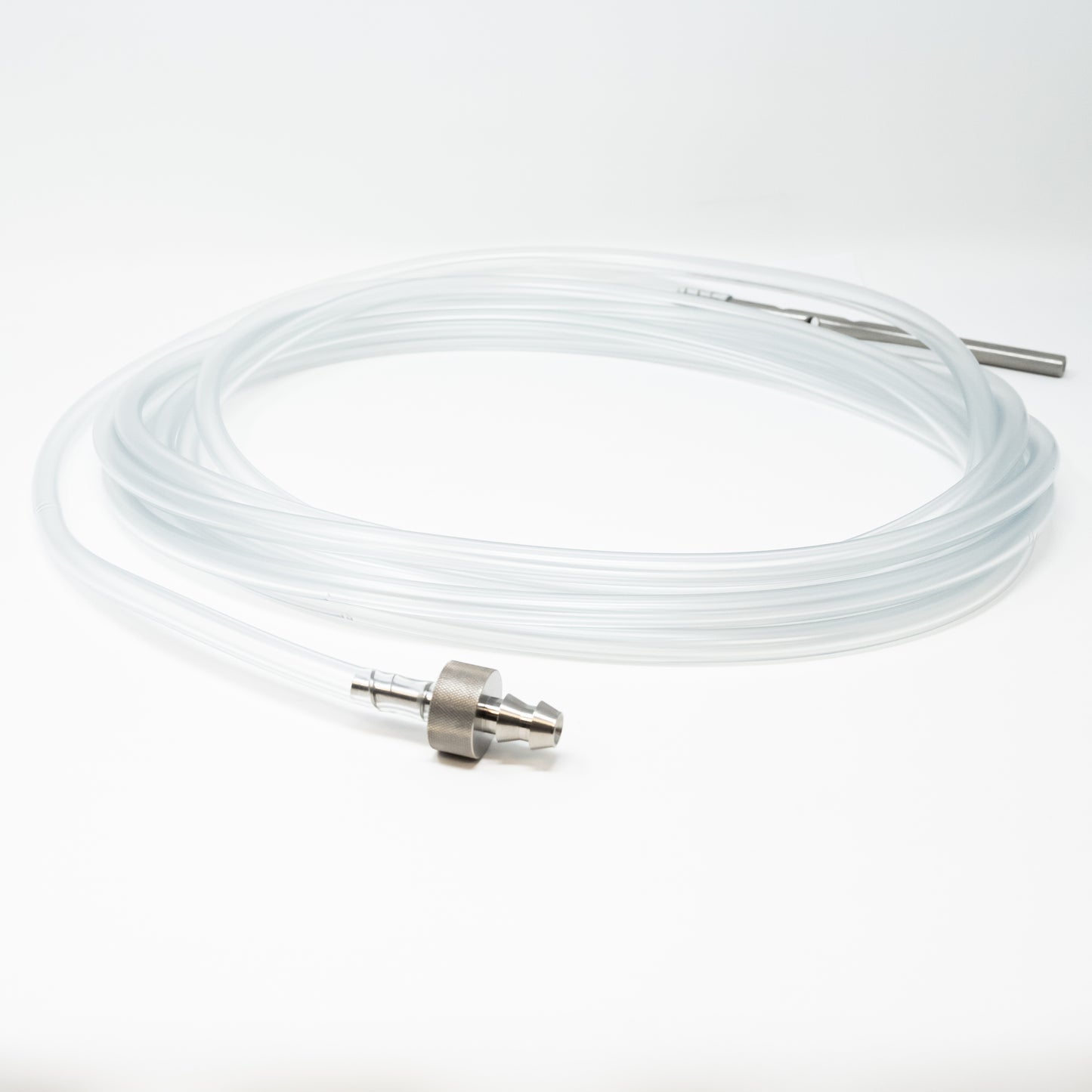 An image displaying a hose equipped with two metal fittings, highlighting the robust design and functionality of the components.