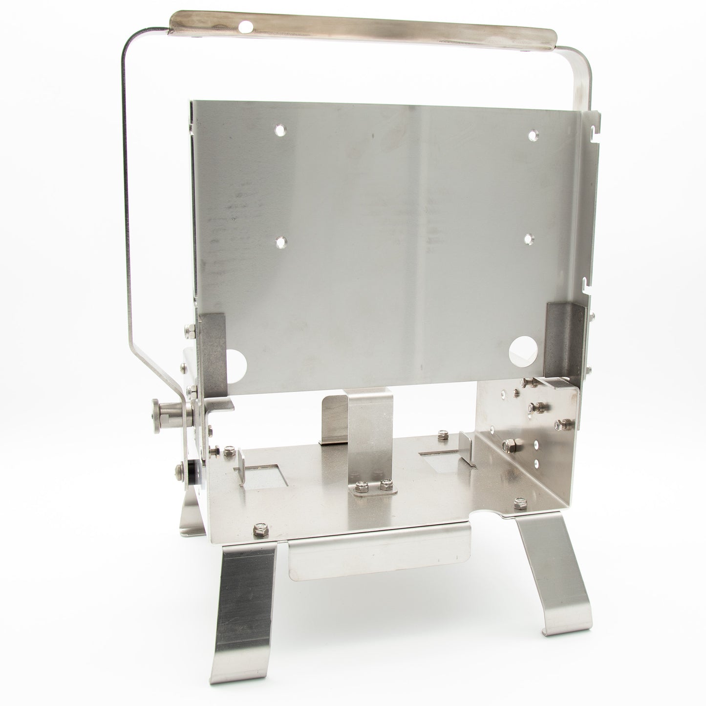 A metal stand supporting a flat metal plate, showcasing a simple yet sturdy design.