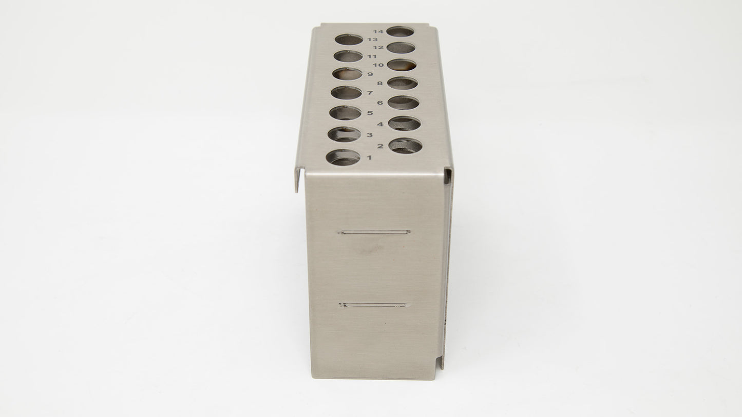 A metal rack featuring evenly spaced holes for storage or organization purposes.