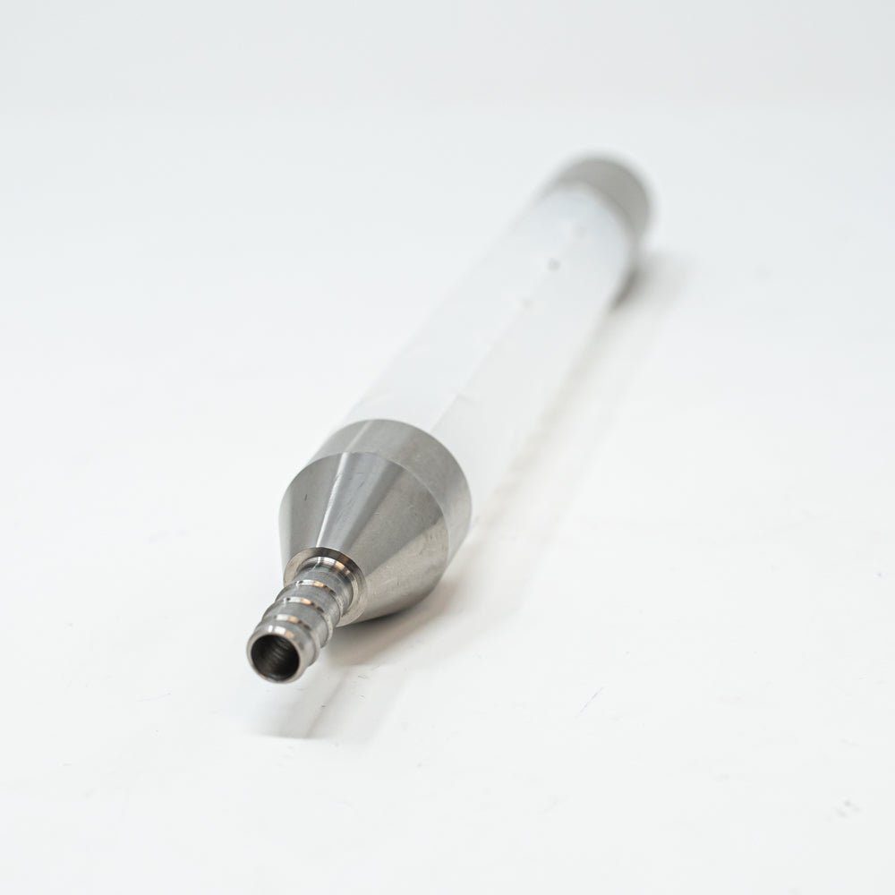 A plastic tube with a silver weight and barbed connector rests on a clean white surface, showcasing a minimalist design.