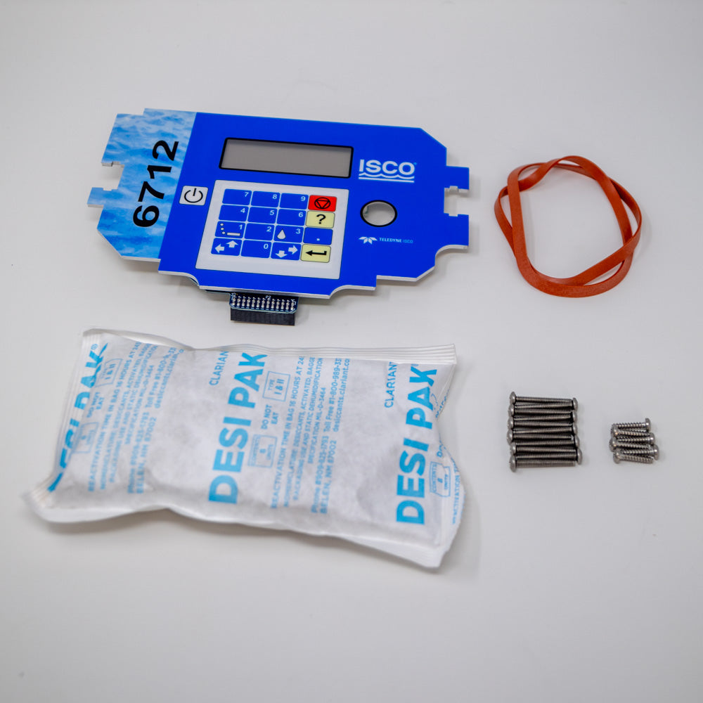 A blue electronic keypad and display device, accompanied by a bag of desiccant and mounting screws, showcasing a modern and portable design.