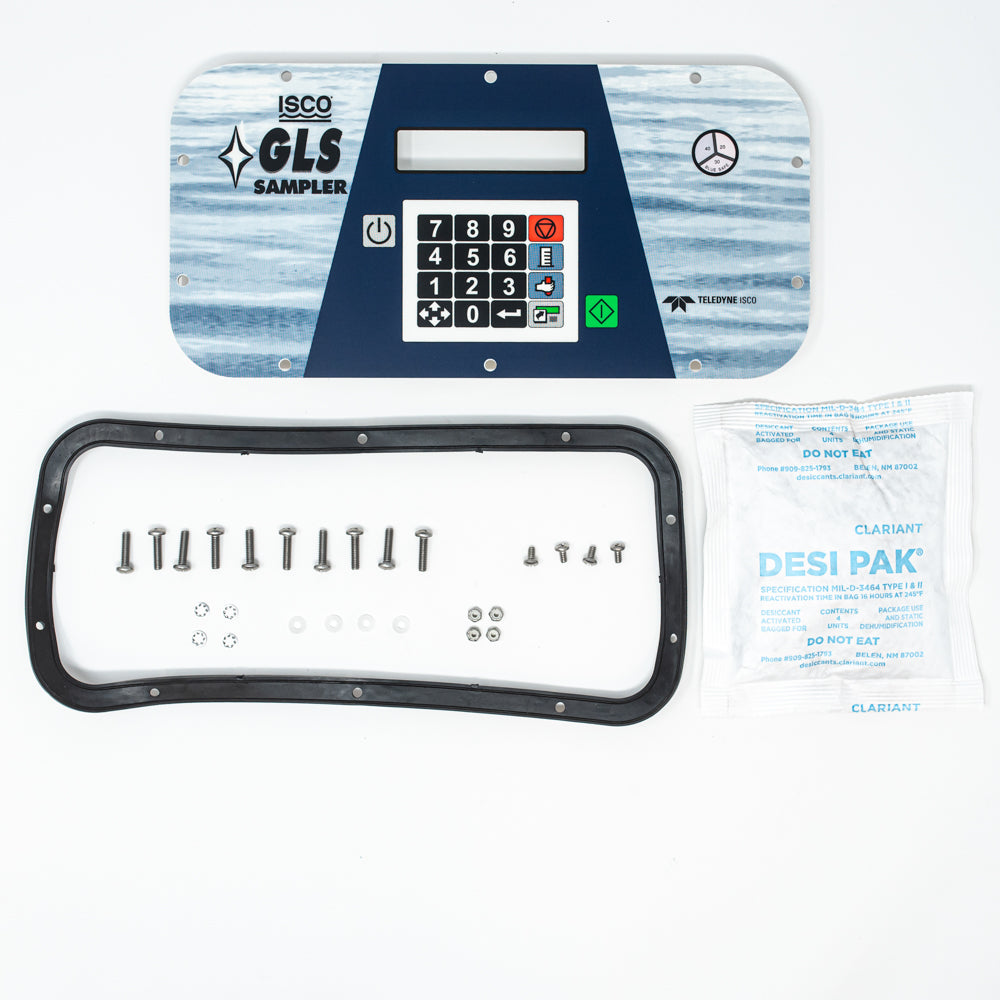 A blue electronic keypad and display device, accompanied by a bag of desiccant and mounting screws, showcasing a modern and portable design.