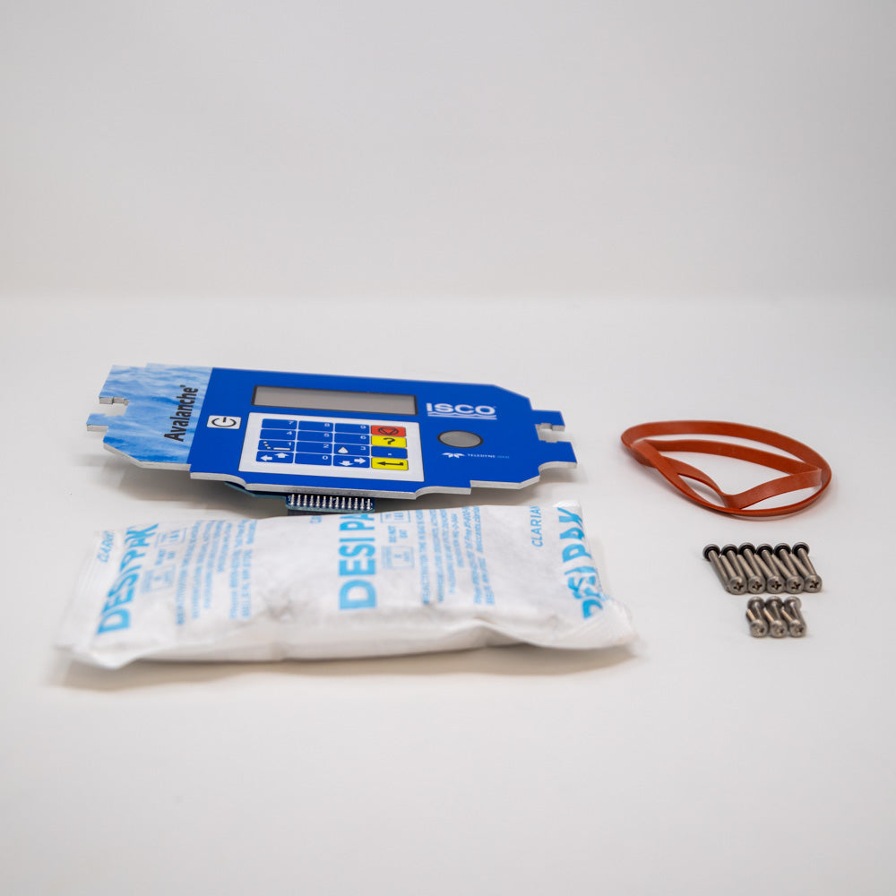 A blue electronic keypad and display device, accompanied by a bag of desiccant and mounting screws, showcasing a modern and portable design.