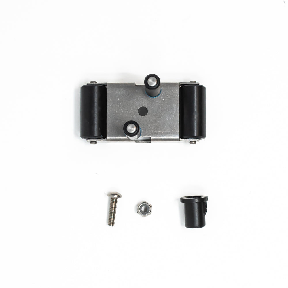 A small metal device featuring a screw and nut, showcasing its compact design and functional components.