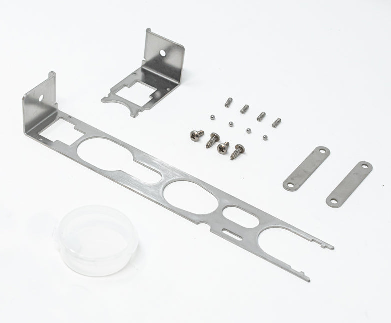 A set of metal screws and brackets, essential for repair.