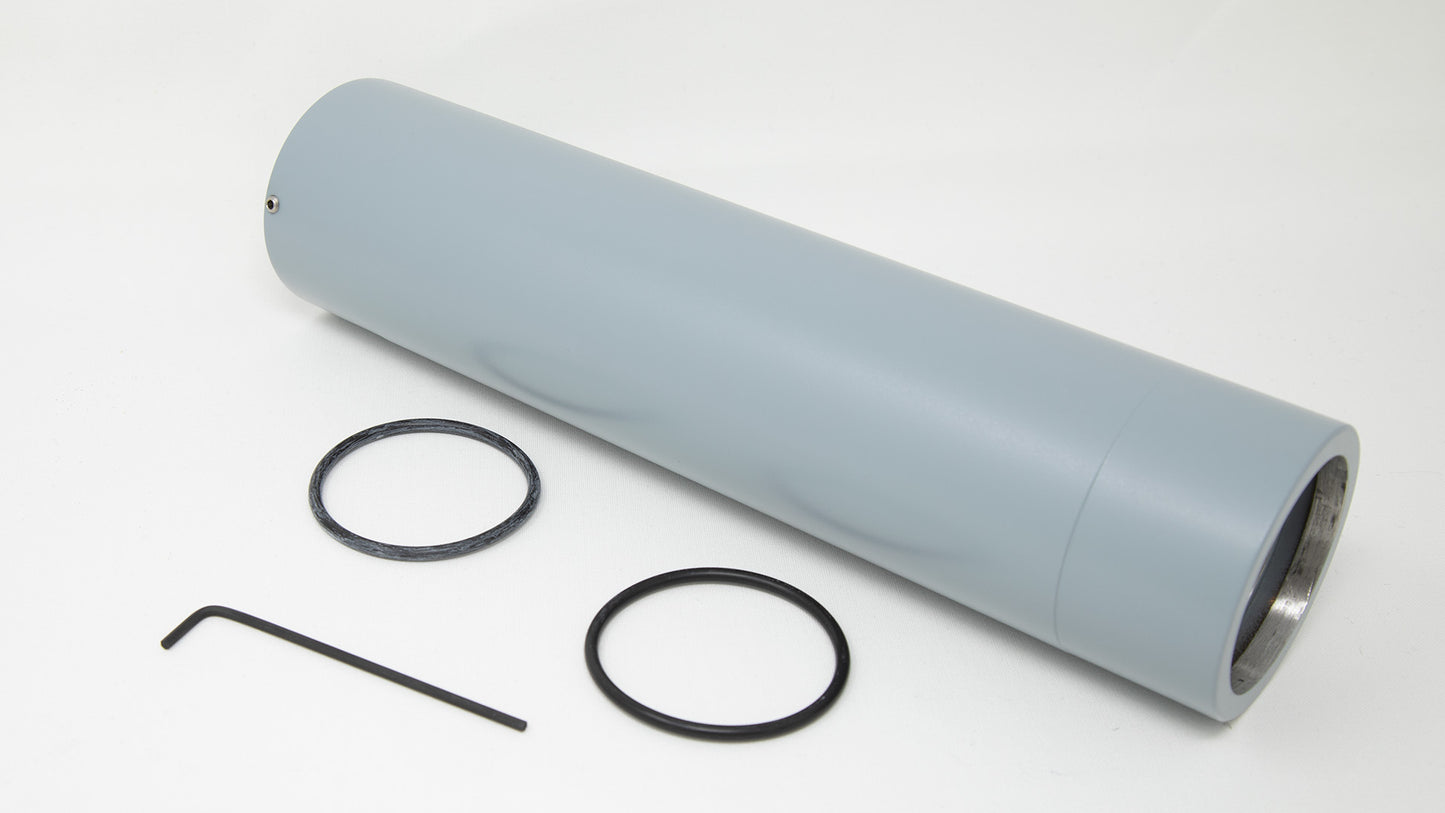 A grey cylinder featuring o-rings and a hex key, showcasing a simple yet functional design for various applications.
