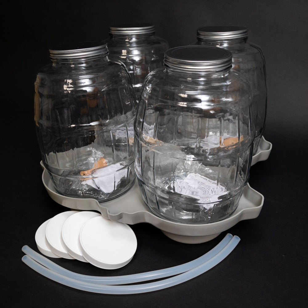 A set of glass jars with lids located on a plastic base, showcasing a simple and organized arrangement.