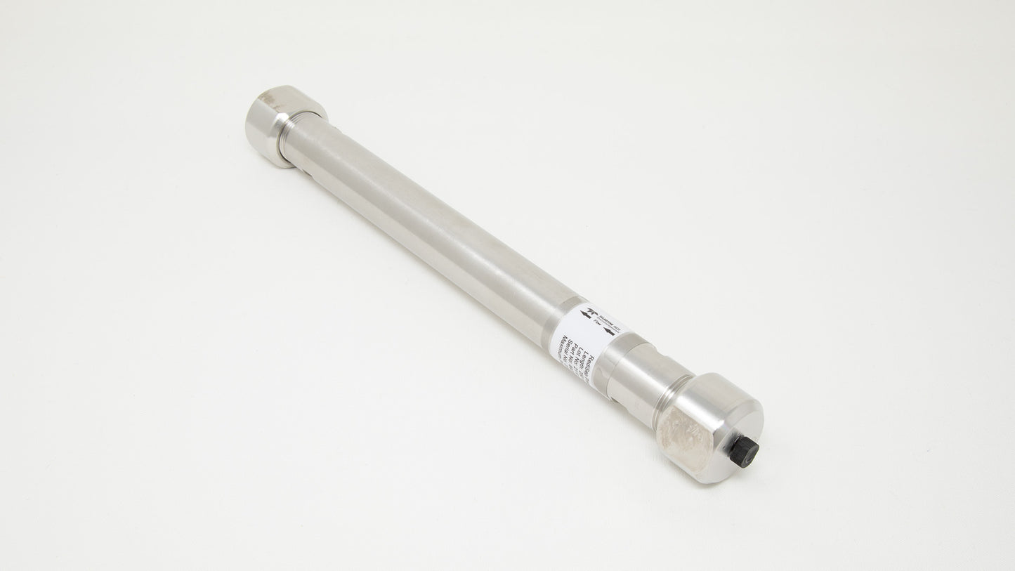 A metal cylinder positioned against a plain white background, showcasing its sleek and reflective surface.