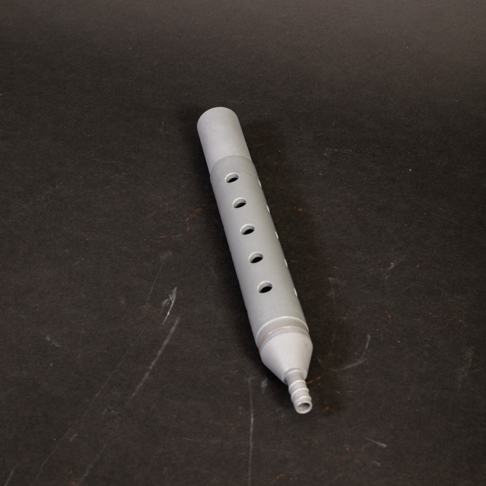 A grey cylindrical tube with several evenly spaced holes on its side, likely used for liquid passage.