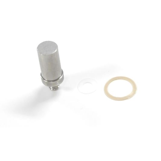A metal and plastic component displayed on a clean white surface, showcasing their distinct materials and design.