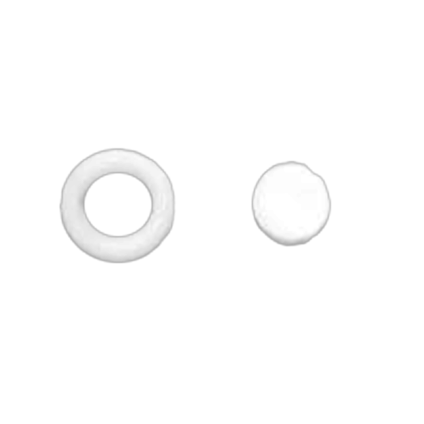 Two white plastic rings positioned on a black background, creating a striking contrast in color and form.