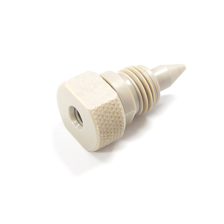 A tan colored threaded fitting positioned against a plain white background, showcasing its design and texture.