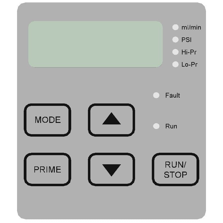 A gray control panel featuring various buttons and numerical displays, designed for operational control and monitoring.