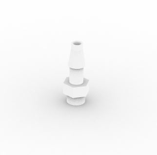 A white plastic connector featuring a small hole, showcasing its simple design and functionality.