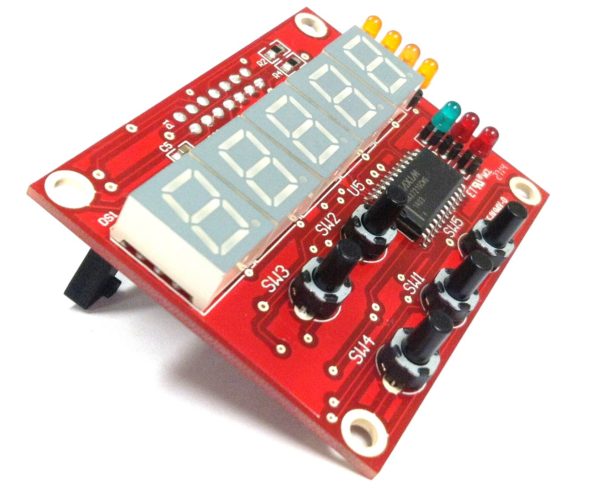 A red electronic display board featuring four illuminated digital numbers, showcasing a vibrant and modern design.