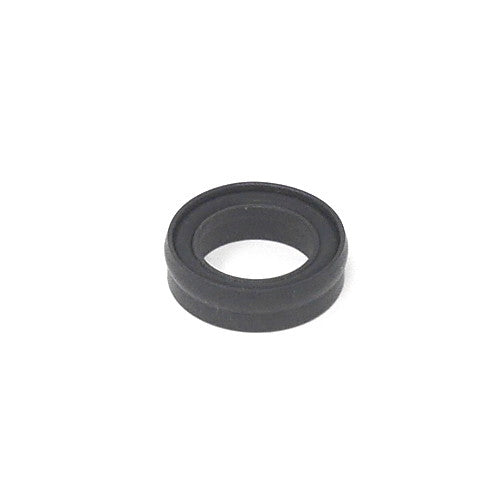 A black rubber ring placed on a clean white background, highlighting its smooth texture and circular shape.