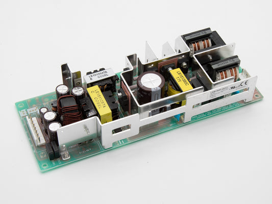 A power supply board positioned on a white background, showcasing its intricate circuitry and layout.