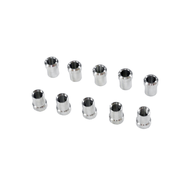 A set of 10 stainless steel ferrules arranged neatly on a clean white background, showcasing their metallic finish.