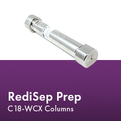 RediSep Prep Column arranged neatly, showcasing its design and functionality in a laboratory setting.  Text reads "RediSep Prep C18-WCX Columns."