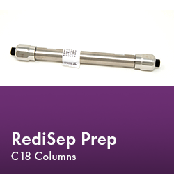 RediSep Prep column arranged neatly, showcasing its design and functionality against a white background.  Text reads "RediSep Prep C18 Columns."