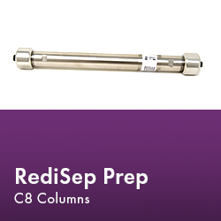 RediSep Prep C8 column arranged neatly, showcasing its design and functionality in a laboratory setting.  Text reads "RediSep Prep C8 Columns."