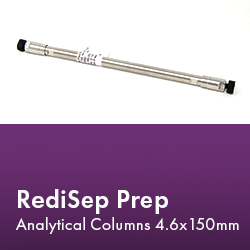 RediSep Prep Column arranged neatly, showcasing its design and functionality in a laboratory setting.  Text reads "RediSep Prep Analytical Columns 4.6 x 15 mm."