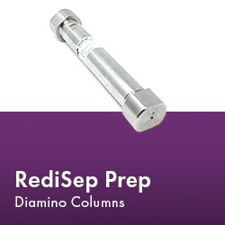 RediSep Prep Column arranged neatly, showcasing its design and functionality in a laboratory setting.  Text reads "RediSep Prep Diamino Columns."