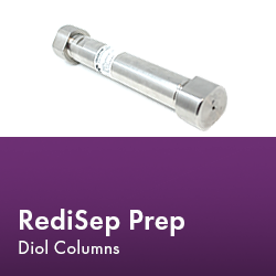 RediSep Prep Column arranged neatly, showcasing its design and functionality in a laboratory setting.  Text reads "RediSep Prep Diol Columns."