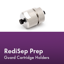 RediSep Prep Guard cartridge holder arranged neatly, showcasing their design and functionality against a white background.  Text reads "RediSep Prep Guard Cartridge Holder."