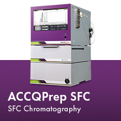 Image of ACCQPrep SFC chromatography setup, showcasing equipment and sample analysis in a laboratory environment.  Text reads "ACCQPrep SFC Chromatography."