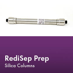 RediSep Prep Silica Column arranged neatly, showcasing its design and functionality against a white background.  Text reads "RediSep Prep Silica Columns."