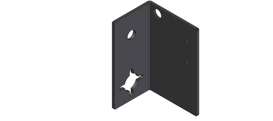 A black metal bracket featuring a central hole, designed for mounting or securing objects.