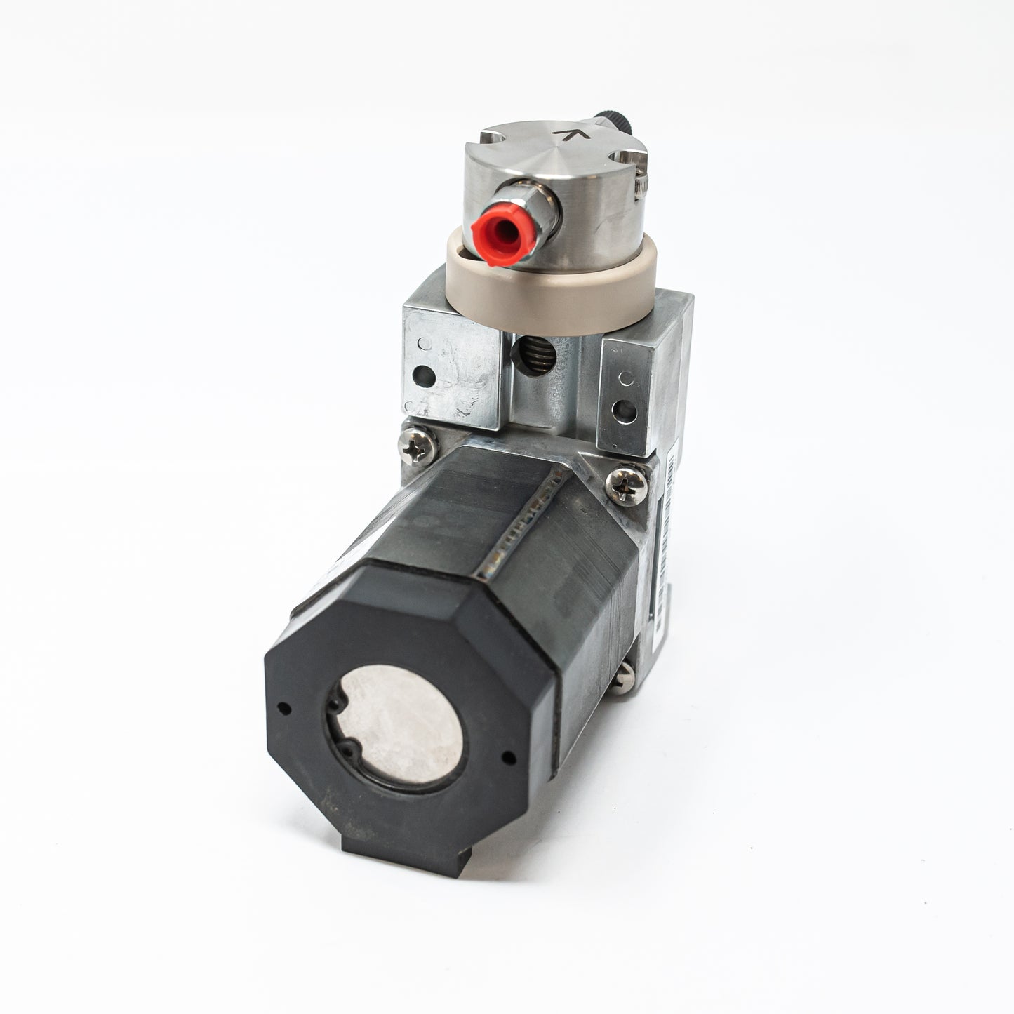 A small gear pump displayed on a white background, showcasing its compact design and mechanical features.