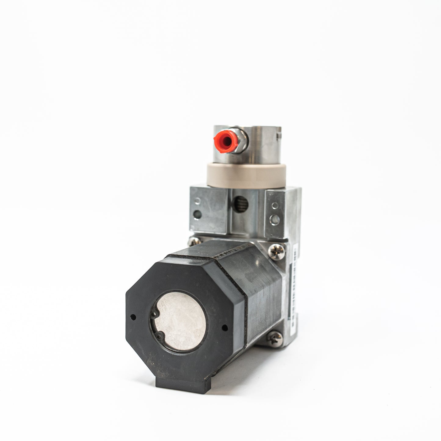 A small gear pump displayed on a white background, showcasing its compact design and mechanical features.