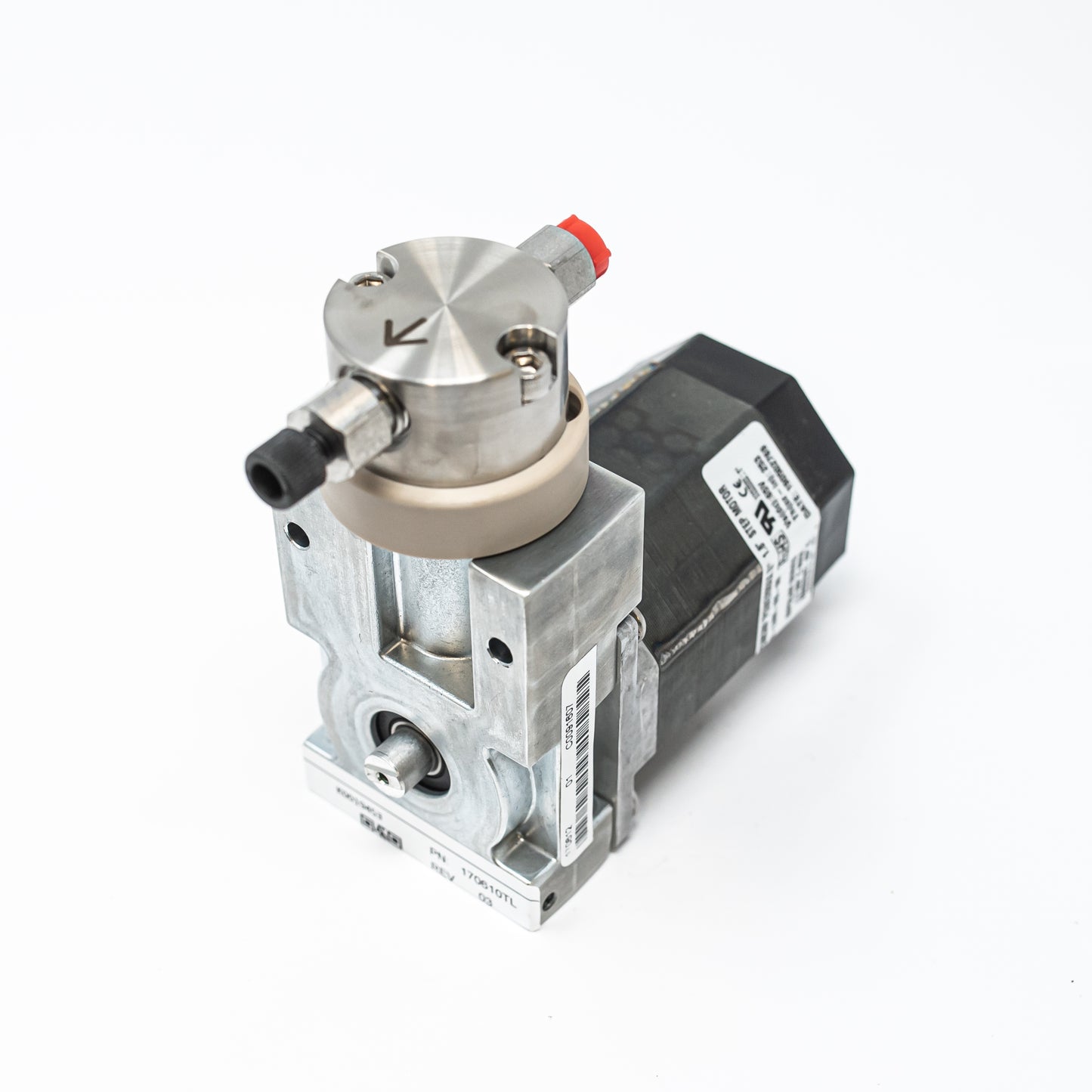 A small gear pump displayed on a white background, showcasing its compact design and mechanical features.