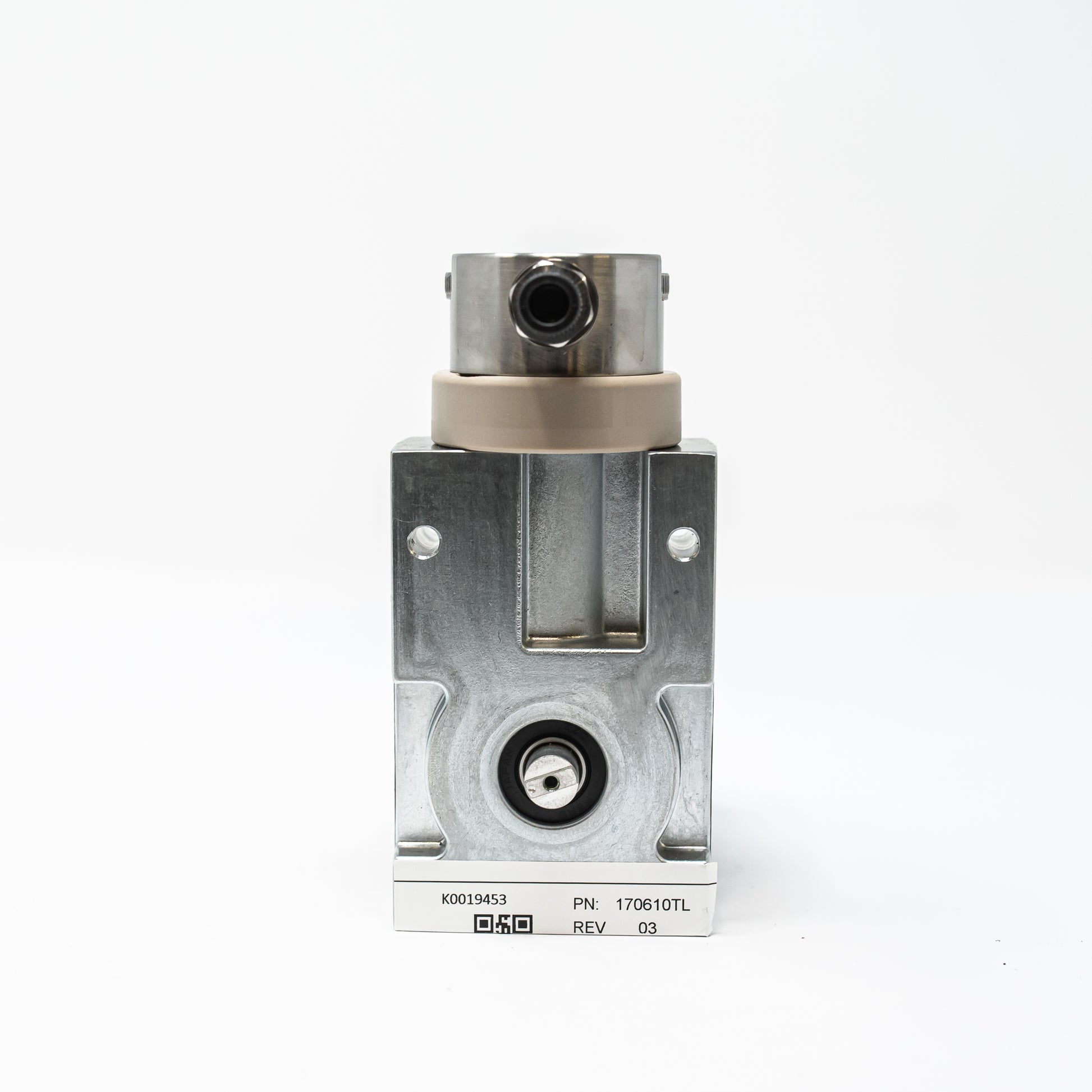 A small gear pump displayed on a white background, showcasing its compact design and mechanical features.