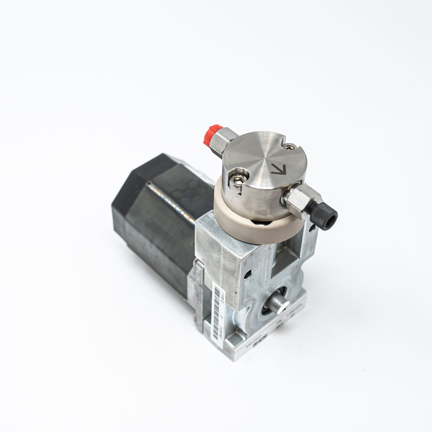 A small gear pump displayed on a white background, showcasing its compact design and mechanical features.