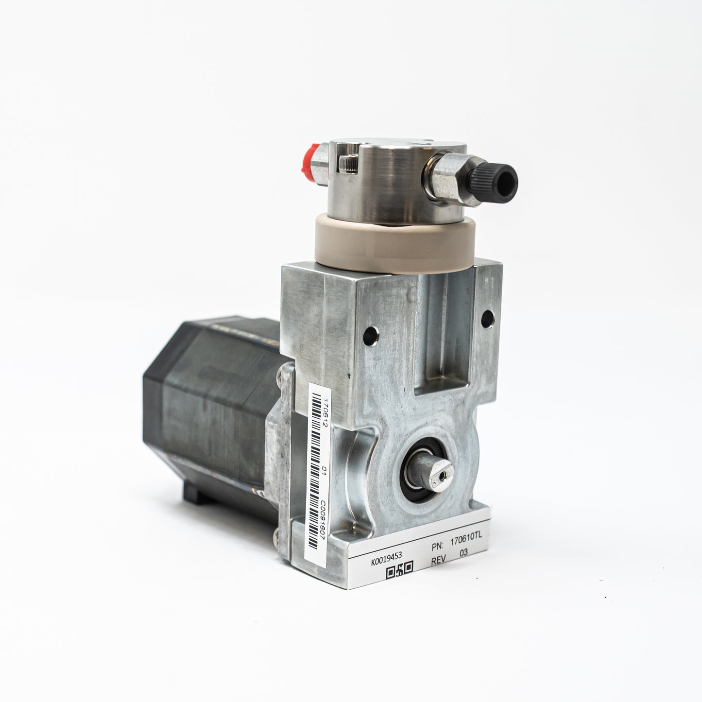 A small gear pump displayed on a white background, showcasing its compact design and mechanical features.