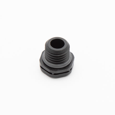 A black plastic screw with a black nut
