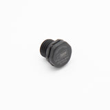 A black plastic screw with a black nut