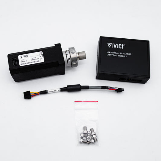 VICI Universal Actuator Control Module kit on a white background, including a black motor module with a silver metal shaft, a black control module, a wiring harness, and a small bag of mounting hardware.