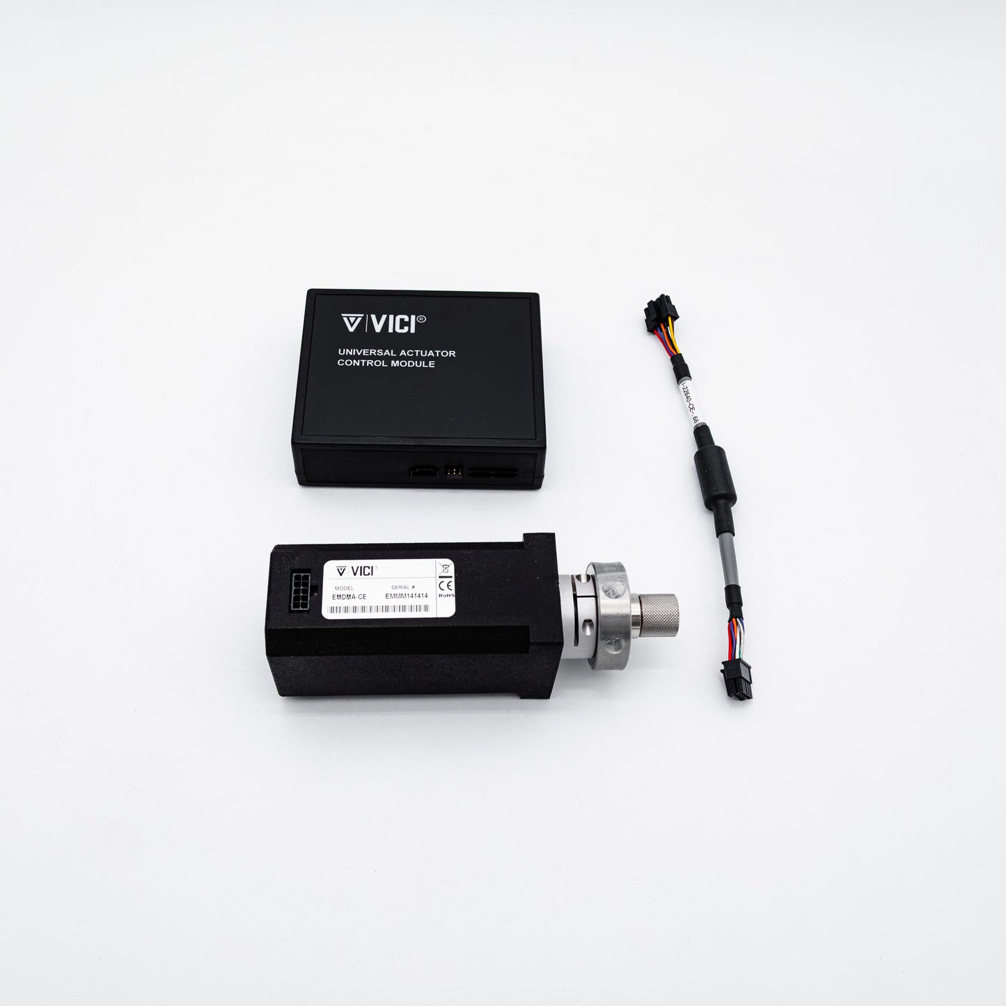 VICI linear motion controller module kit on a white background, featuring two black rectangular electronic modules and a small multi-color wire connector.