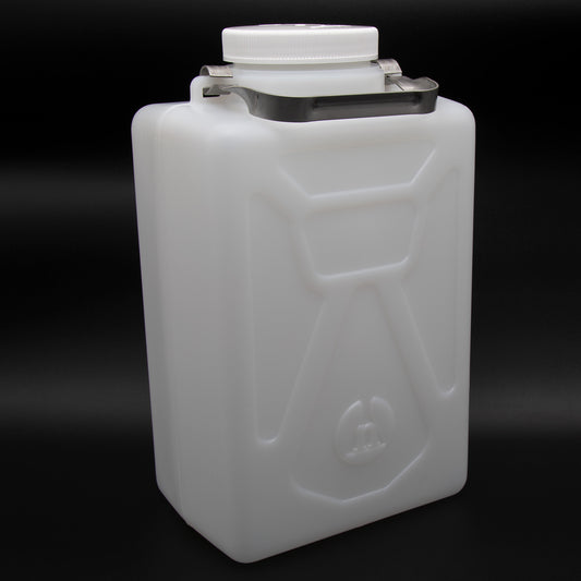 A white plastic container with a metal handle and cap