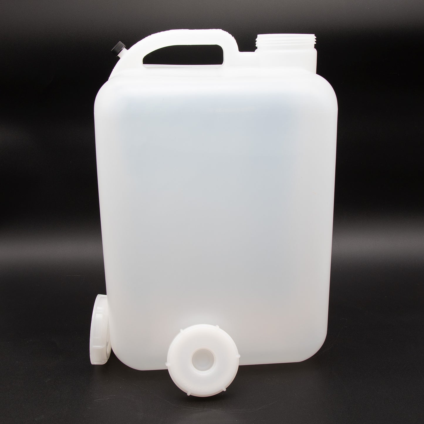 Rectangular plastic bottle with handle and two caps