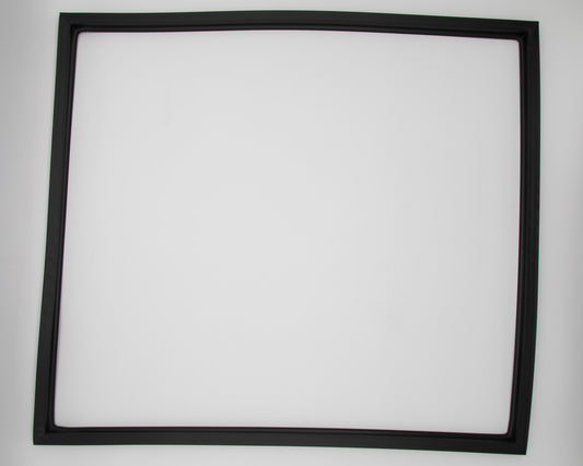 A square black gasket positioned against a clean white background, creating a striking contrast.