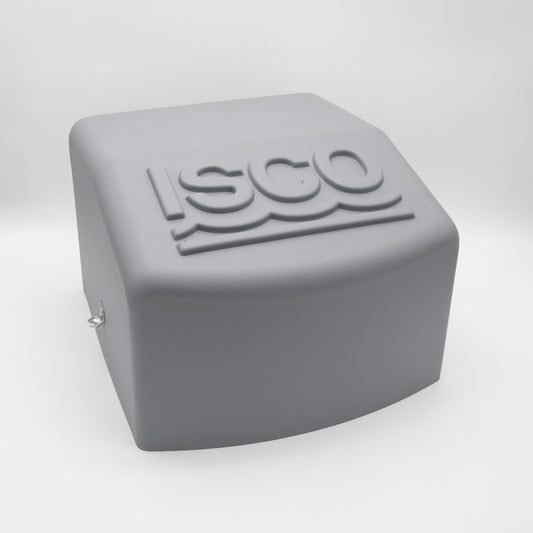 A gray plastic cover featuring the word "isco" prominently displayed on its surface.