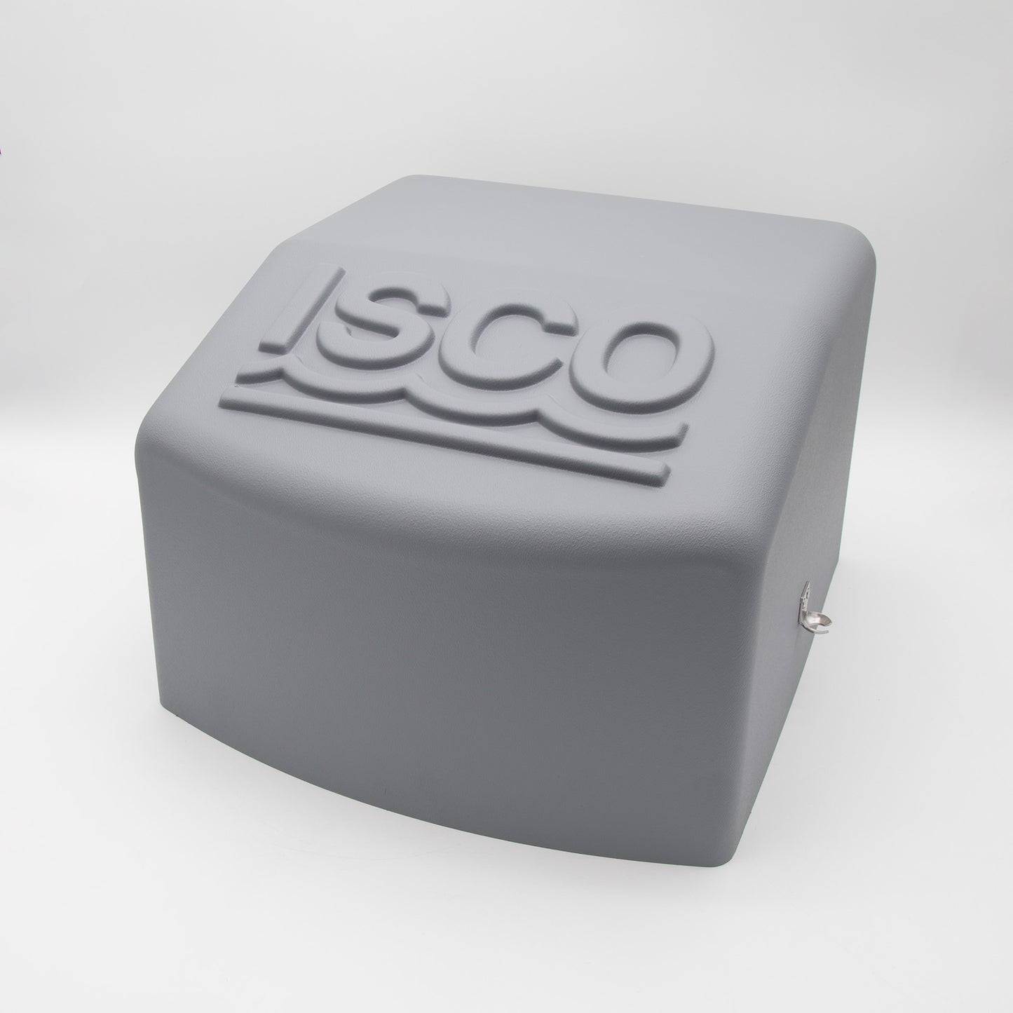 A gray plastic cover featuring the word "isco" prominently displayed on its surface.