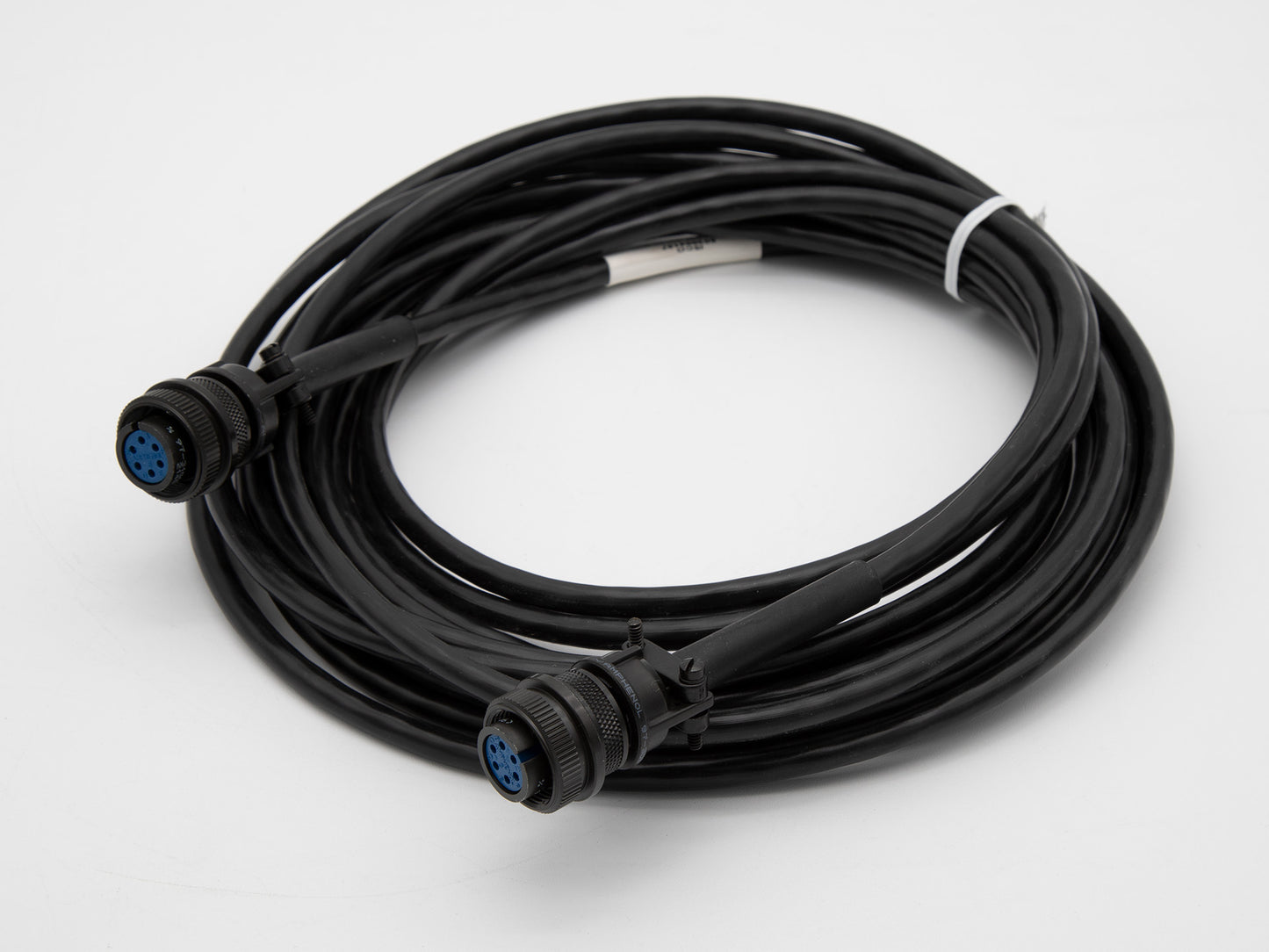 A black cable featuring two connectors at each end, designed for versatile connectivity options.