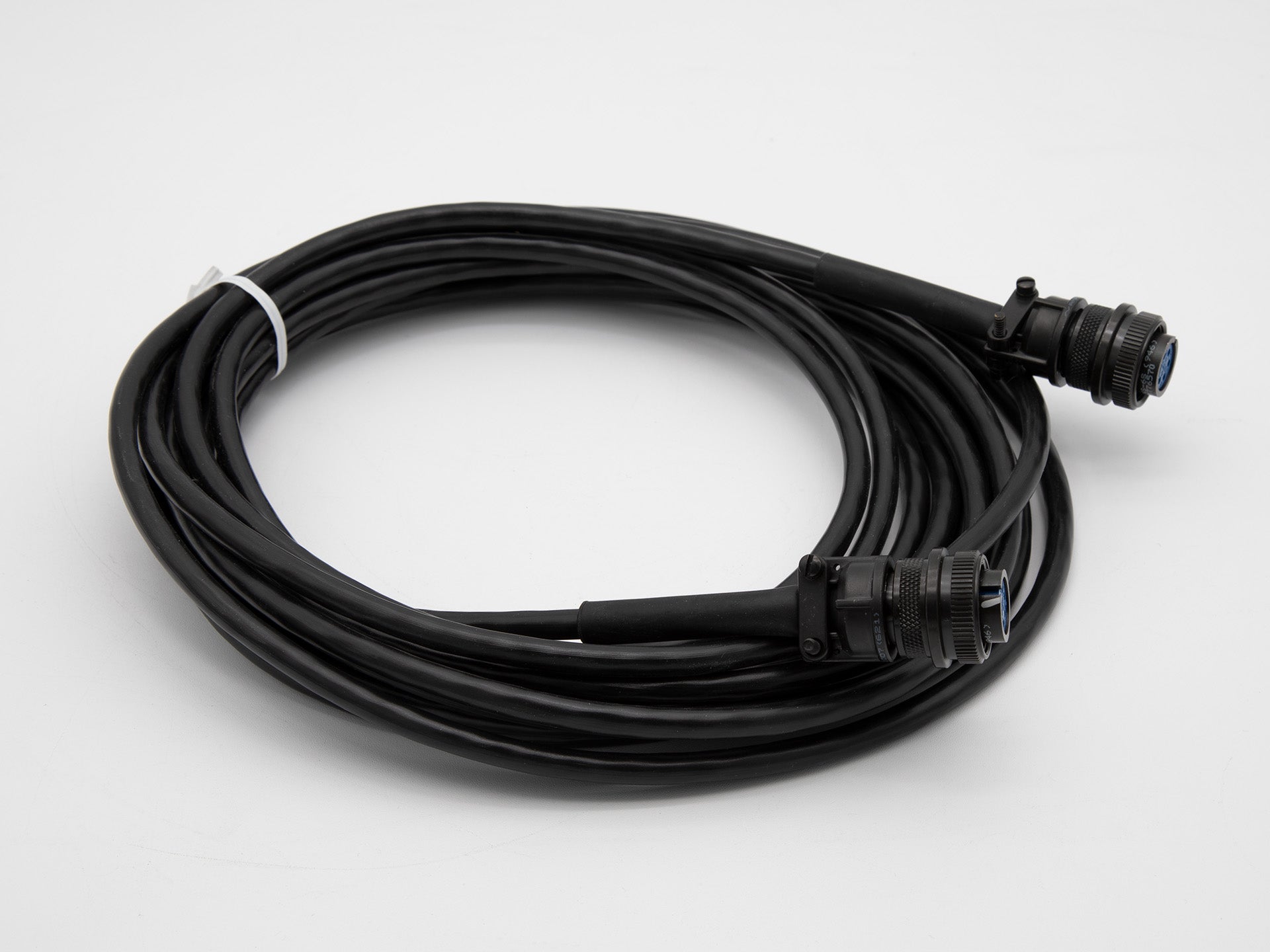 A black cable featuring two connectors at each end, designed for versatile connectivity options.