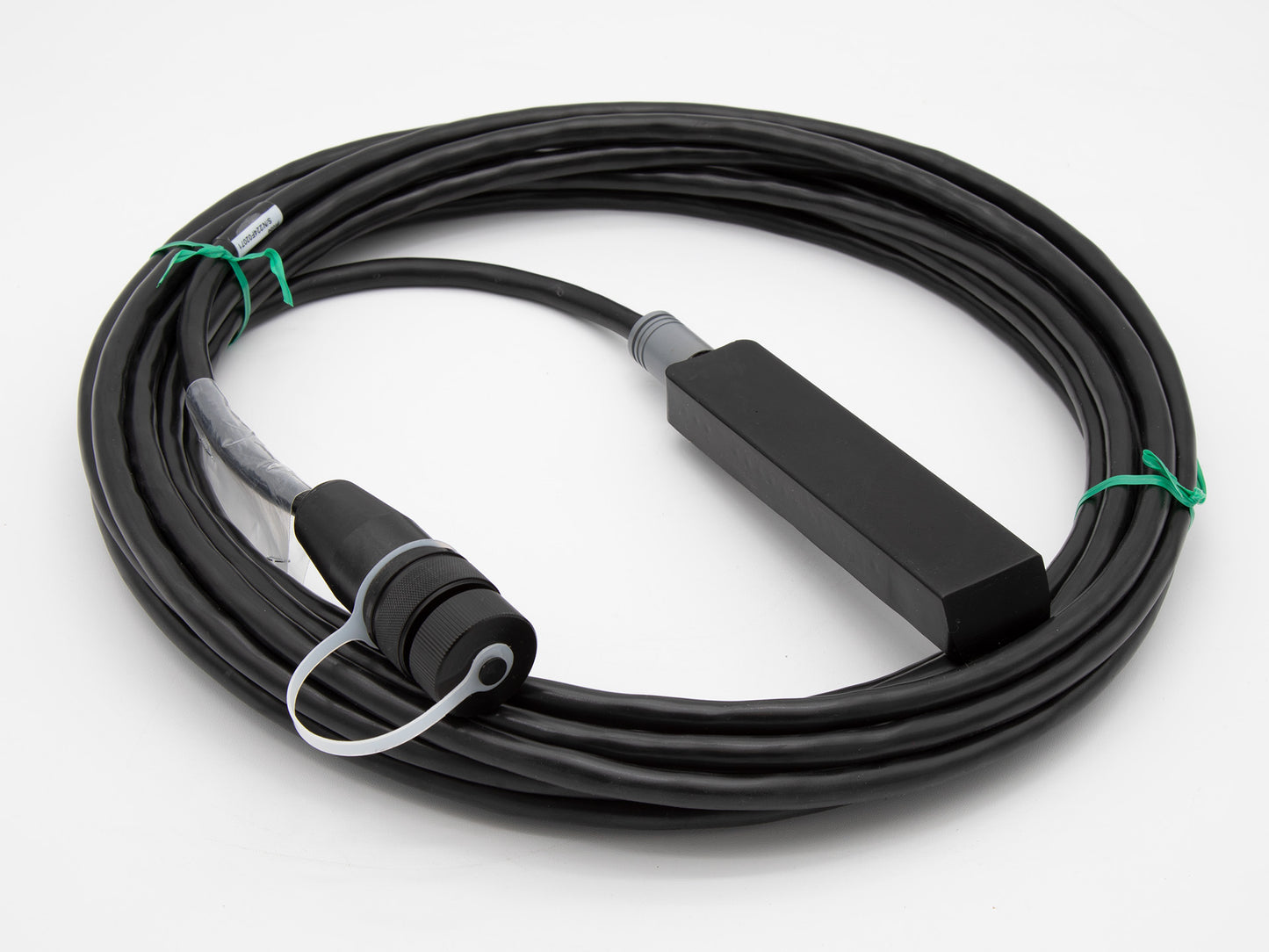 A black cable with sensor terminating in a connector, ideal for connecting devices in a variety of electronic setups.